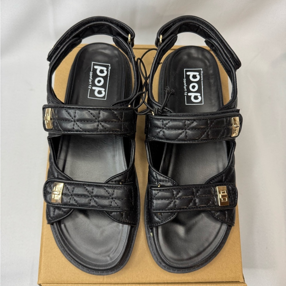 POP Yield Women’s size 9 Adjustable‎ Strap Black Quilted Sandals Molded Footbed - Picture 3 of 8